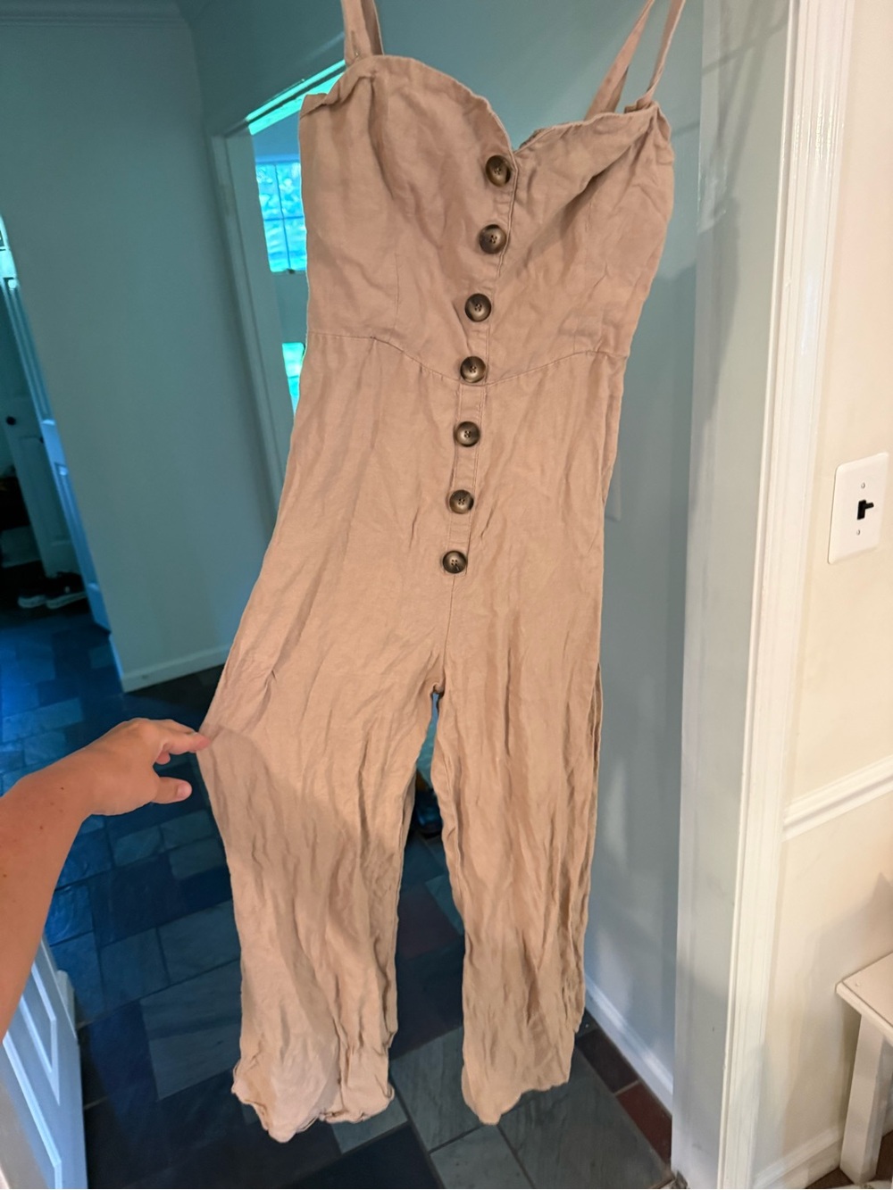 Reformation Beige Button-Front Linen-Blend Jumpsuit